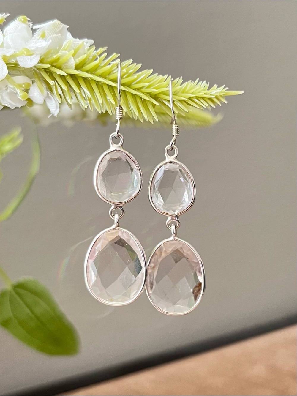 Crystal Drop Dangle Earrings - Clear / Sterling Silver 925